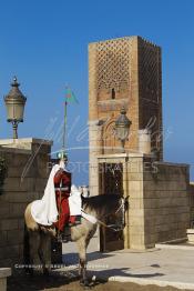 Image du Maroc Professionnelle de  Un cavalier de la garde royale devant l'entrée de l'esplanade de la mosquée (Tour Hassan) qui fît construite à la fin du XIIe siècle par le Sultan Yacoub el Mansour (dynastie Almohade) désireux de construire la plus grande mosquée du monde doté de 400 colonnes, la construction n’a pas été achevé suite à la mort du sultan en 1199, La tour Hassan est le symbole de Rabat son esplanade abrite le Mausolée Mohammed V de Rabat, Jeudi 20 Octobre 2011. (Photo / Abdeljalil Bounhar)